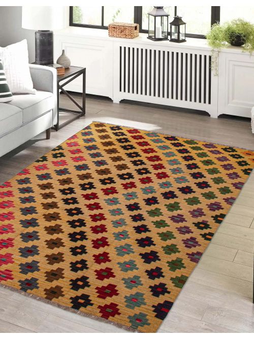 Turkish Bold and Colorful 4'9" x 7'0" Flat-Weave Wool Kilim 