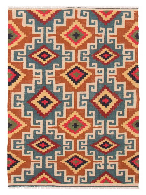 Turkish Bold and Colorful 5'3" x 7'3" Flat-Weave Wool Kilim 