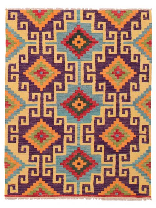Turkish Bold and Colorful 4'7" x 6'5" Flat-Weave Wool Kilim 
