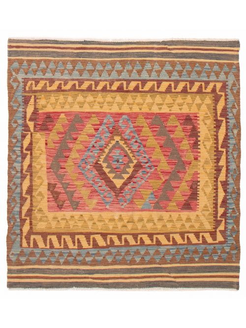 Turkish Bold and Colorful 4'9" x 5'1" Flat-Weave Wool Kilim 