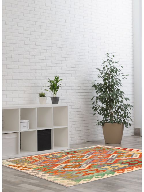 Turkish Bold and Colorful 3'5" x 5'1" Flat-Weave Wool Kilim 