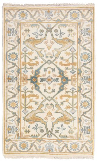 Bordered  Traditional Ivory Area rug 3x5 Indian Hand-knotted 376031
