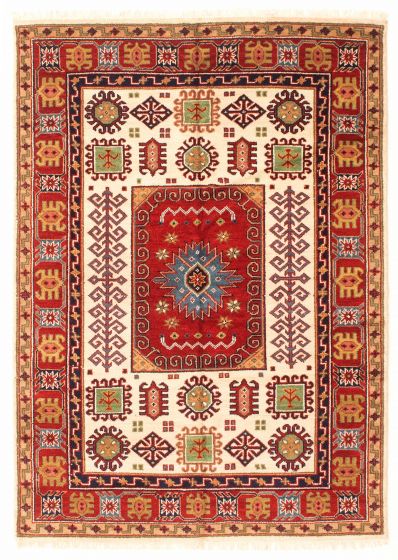 Bordered  Traditional Ivory Area rug 5x8 Indian Hand-knotted 348560