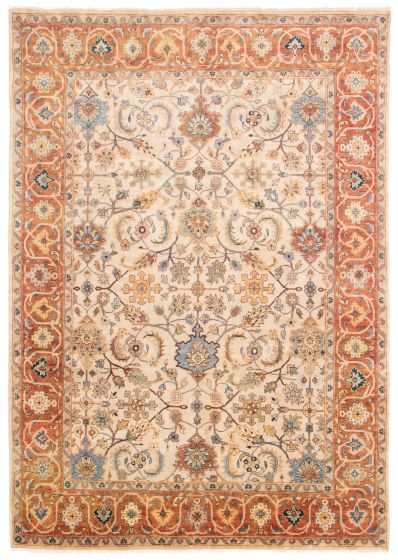 Bordered  Traditional Ivory Area rug 9x12 Indian Hand-knotted 376004