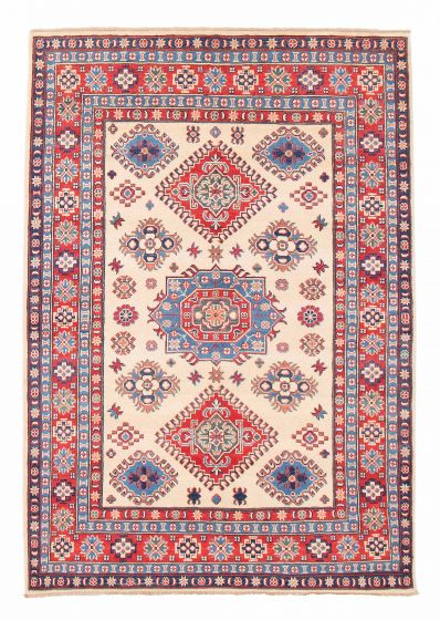 Bordered  Geometric Ivory Area rug 4x6 Afghan Hand-knotted 381897