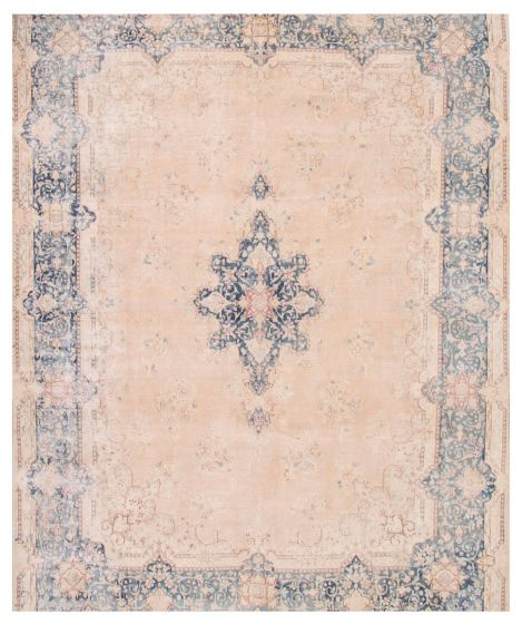 Bordered  Vintage/Distressed Ivory Area rug 9x12 Turkish Hand-knotted 374515