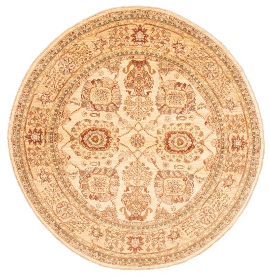 Bordered  Traditional Ivory Area rug Round Afghan Hand-knotted 362313