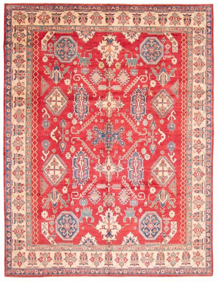 Bordered  Geometric Red Area rug 10x14 Afghan Hand-knotted 378632