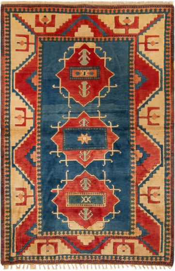 Geometric  Vintage Blue Area rug 5x8 Turkish Hand-knotted 303556