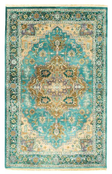 Bordered  Traditional Green Area rug 5x8 Indian Hand-knotted 344248