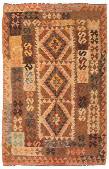 Bordered  Tribal Brown Area rug 4x6 Turkish Flat-weave 346337