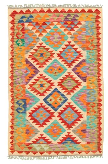 Bordered  Geometric Ivory Area rug 3x5 Turkish Flat-weave 329465