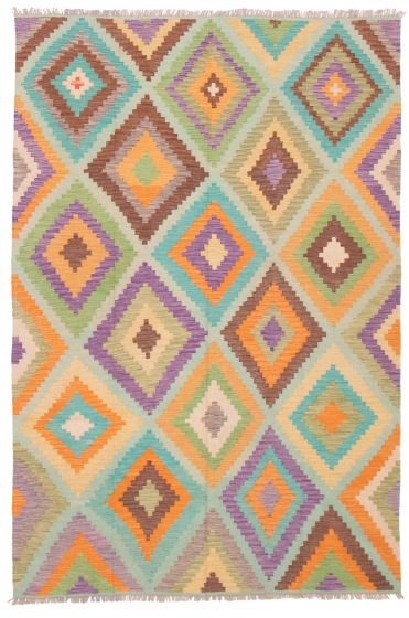 Flat-weaves & Kilims  Geometric Green Area rug 6x9 Turkish Flat-Weave 374487