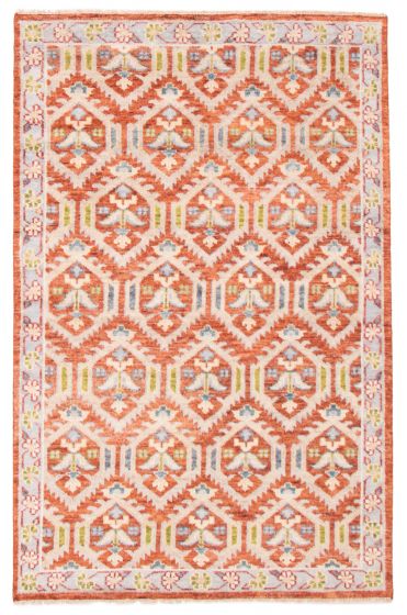 Bordered  Geometric Brown Area rug 5x8 Indian Hand-knotted 377433