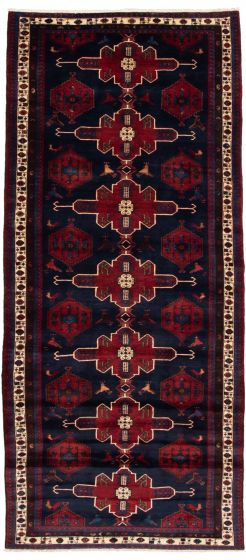 Bordered  Tribal Blue Runner rug 13-ft-runner Turkish Hand-knotted 351952