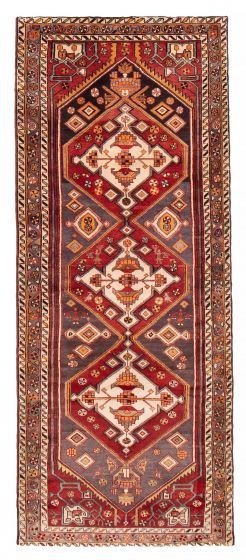 Bordered  Geometric Red Runner rug 9-ft-runner Turkish Hand-knotted 384681