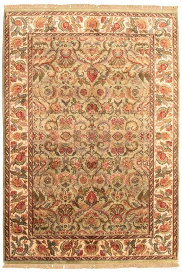 Bordered  Traditional Green Area rug 5x8 Indian Hand-knotted 335475