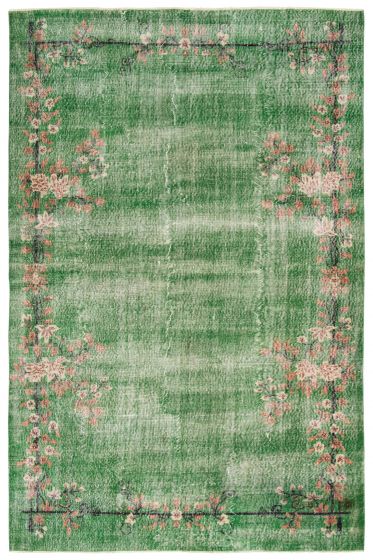 Bordered  Vintage Green Area rug 8x10 Turkish Hand-knotted 362848