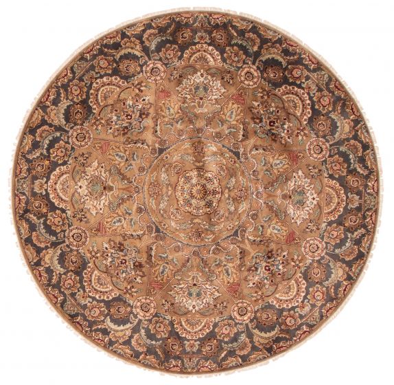 Bordered  Traditional Brown Area rug Round Indian Hand-knotted 374772