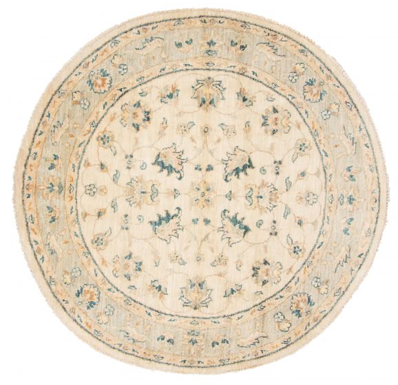 Bordered  Traditional Ivory Area rug Round Pakistani Hand-knotted 376017