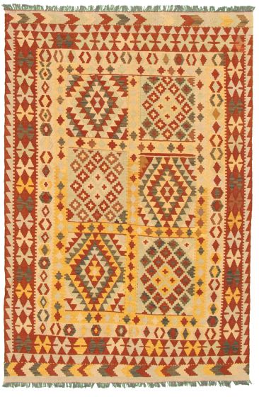 Bordered  Geometric Ivory Area rug 5x8 Turkish Flat-weave 335320