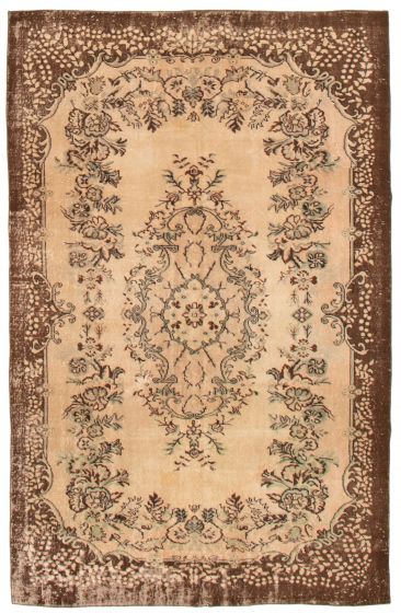 Bordered  Vintage Yellow Area rug 6x9 Turkish Hand-knotted 368900