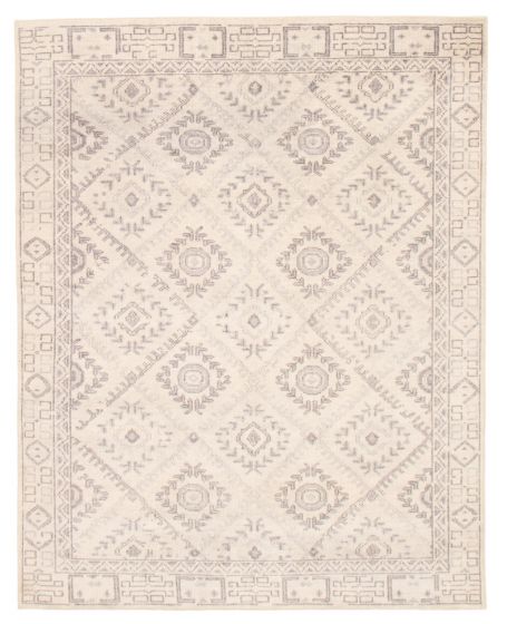 Bordered  Traditional Ivory Area rug 6x9 Indian Hand-knotted 370541