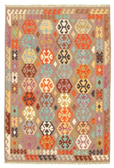 Bordered  Geometric Brown Area rug 6x9 Turkish Flat-weave 329312