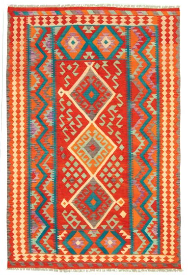 Bordered  Geometric Red Area rug 6x9 Turkish Flat-weave 329392