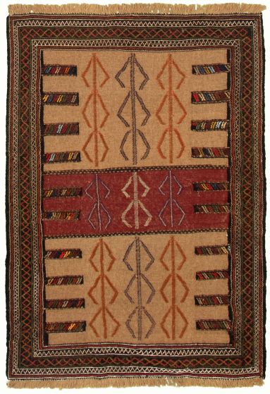 Bordered  Tribal Brown Area rug 3x5 Turkish Flat-weave 332665