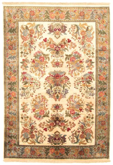 Bordered  Traditional Ivory Area rug 5x8 Indian Hand-knotted 335584