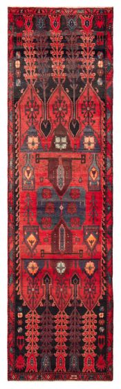 Bordered  Vintage/Distressed Red Runner rug 12-ft-runner Turkish Hand-knotted 389735