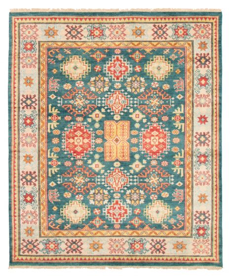 Bordered  Traditional Green Area rug 6x9 Indian Hand-knotted 361998