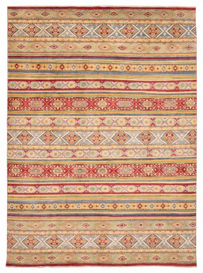 Geometric  Stripes Red Area rug 10x14 Afghan Hand-knotted 377232