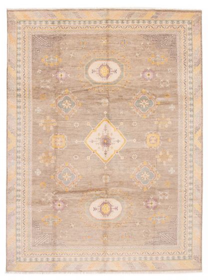 Bordered  Traditional Ivory Area rug 9x12 Indian Hand-knotted 387605