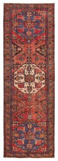 Geometric  Vintage/Distressed Red Runner rug 11-ft-runner Turkish Hand-knotted 391446