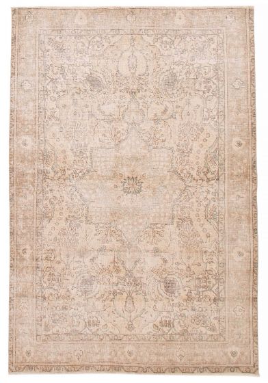 Bordered  Vintage/Distressed Ivory Area rug 6x9 Turkish Hand-knotted 386574