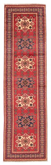 Bordered  Geometric Red Runner rug 10-ft-runner Afghan Hand-knotted 385980