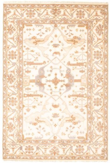 Bordered  Traditional Ivory Area rug 5x8 Indian Hand-knotted 344056