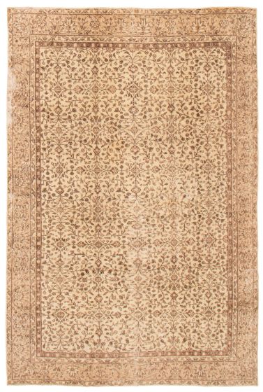 Bordered  Vintage Ivory Area rug 6x9 Turkish Hand-knotted 368896