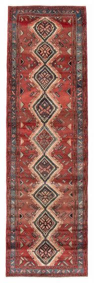 Bordered  Geometric Red Runner rug 10-ft-runner Turkish Hand-knotted 384179