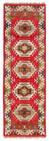 Bordered  Traditional Red Runner rug 7-ft-runner Indian Hand-knotted 363141
