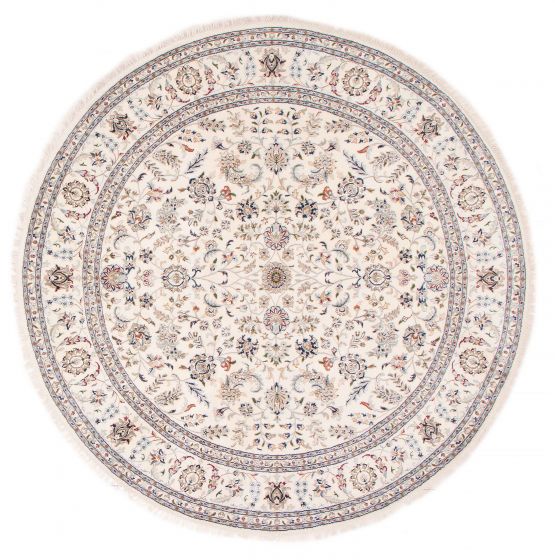 Bordered  Traditional Ivory Area rug Round Indian Hand-knotted 387017