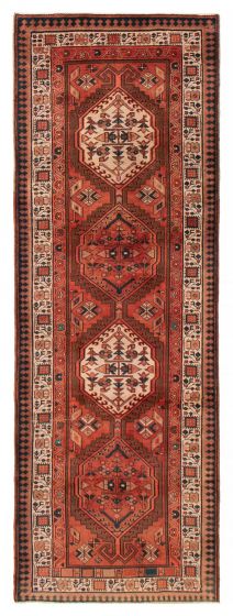 Bordered  Geometric Brown Runner rug 10-ft-runner Turkish Hand-knotted 390880