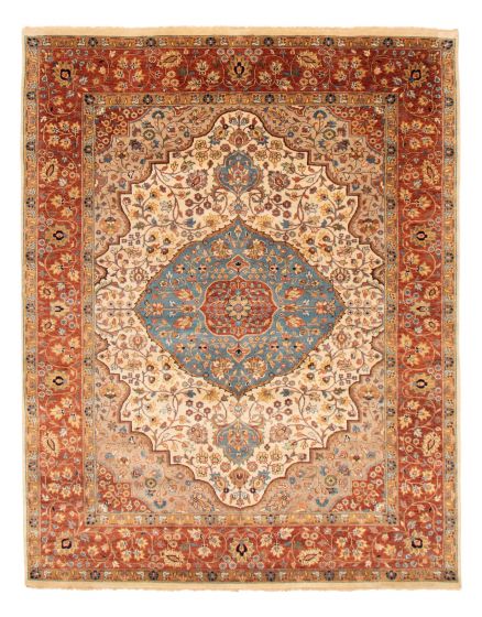 Bordered  Traditional Ivory Area rug 6x9 Indian Hand-knotted 370169