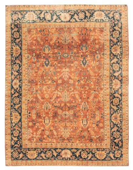 Bordered  Traditional Brown Area rug 8x10 Indian Hand-knotted 374402