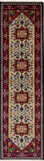Geometric  Traditional Ivory Runner rug 10-ft-runner Indian Hand-knotted 243559