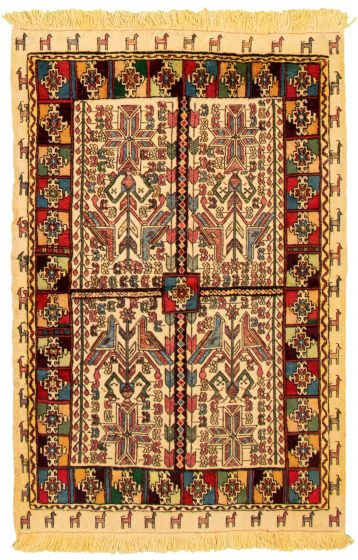 Bordered  Tribal Ivory Area rug 4x6 Turkish Hand-knotted 332749