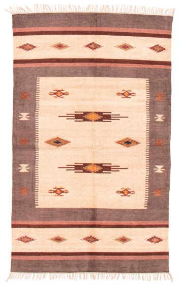 Flat-weaves & Kilims  Geometric Ivory Area rug 5x8 Indian Flat-Weave 375323