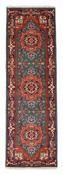 Bordered  Traditional Green Runner rug 8-ft-runner Indian Hand-knotted 377949